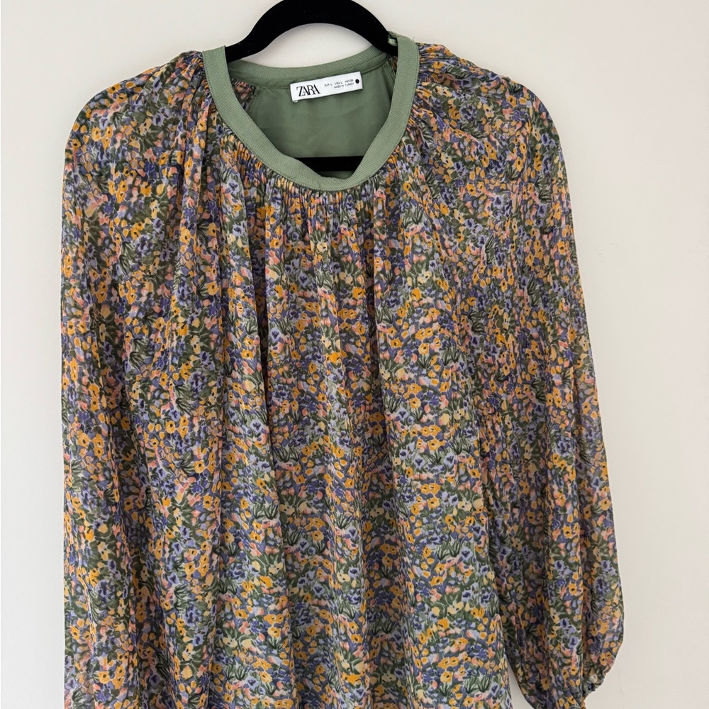 Zara Women's Floral sheer lined Blouse - Green and Purple